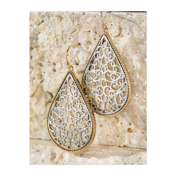 New Boutique Two Tone Metallic Silver Gold Filigree Teardrop Dangle Earrings - Picture 1 of 2